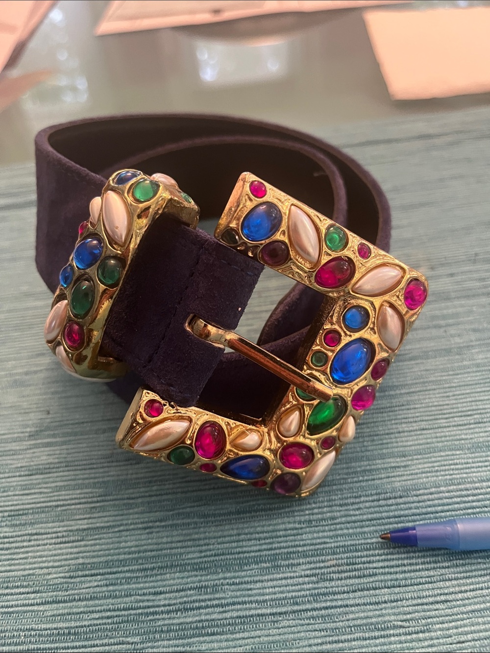 Express women’s blue suede belt with gold jeweled buckle. Vintage 80s 90s.